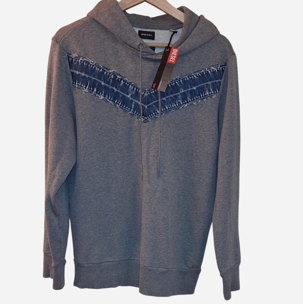 Diesel Men's Gray Hoodie with Blue Chevron